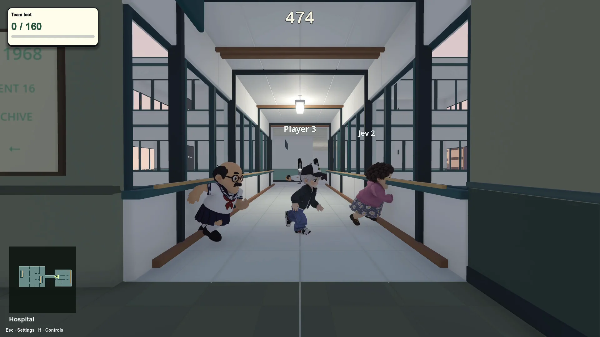 Characters running through a hospital hallway