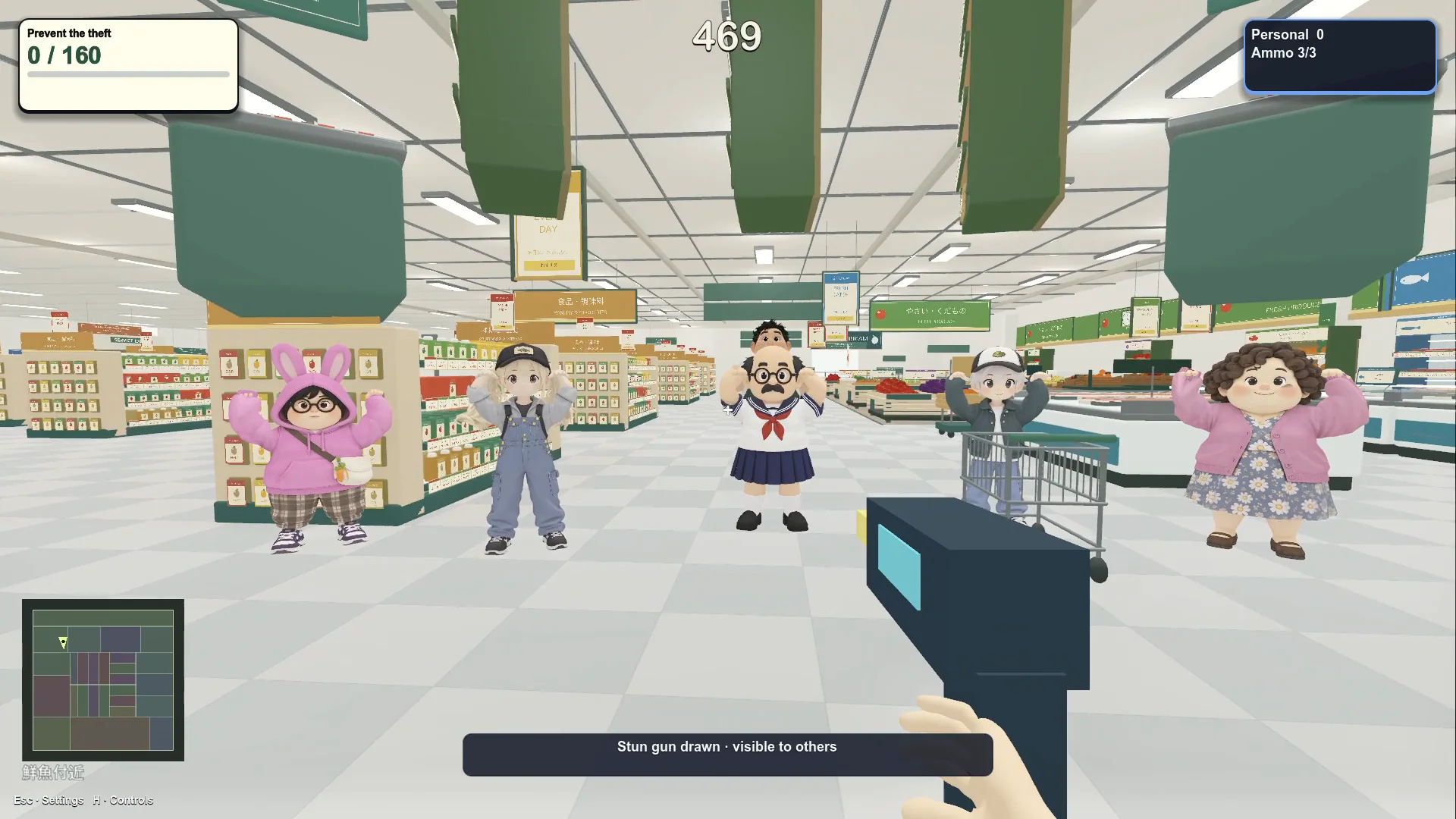 G-Man facing characters carrying store fixtures